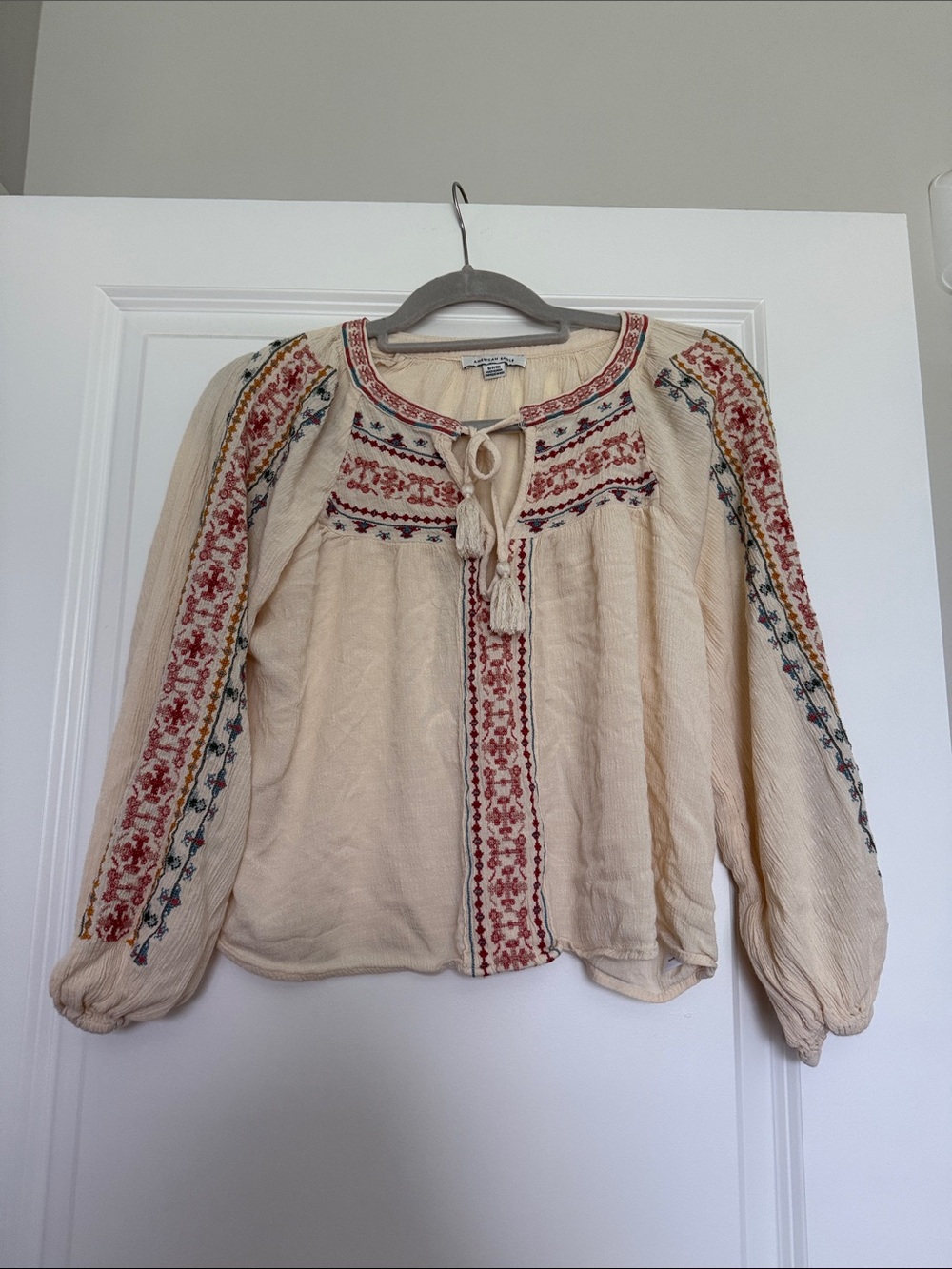 Loose fit Embroidered Cream Peasant Blouse with Tassel Tie